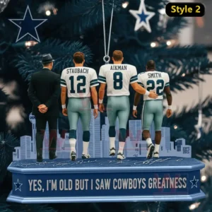Yes Im Old but I saw Cowboys America's Team Ornament 6 A close view of a Cowboys themed ornament showing four figures standing on a structured blue base with a skyline design among tree branches and lights!