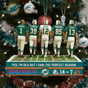 Yes Im Old but I saw Miami Dolphins Greatness Ornament 3 Five Dolphins players on a football field styled ornament base in front of a decorated Christmas tree.