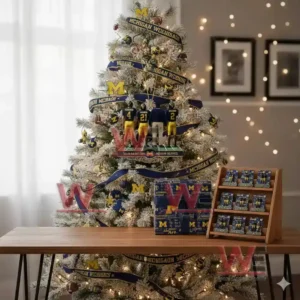 Michigan Wolverines figurines of Harbaugh, Howard, and Woodson under a Christmas tree with the message, "YES, I'M OLD BUT I SAW MICHIGAN GREATNESS."
