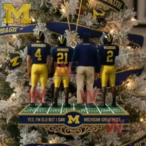 Yes Im Old but I saw Michigan Greatness Ornament 3 Close-up of Michigan Wolverines figurines with a Christmas tree and the message,