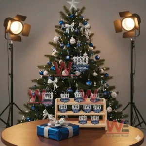 Alt text: A festive holiday scene with a Christmas tree, baseball-themed ornaments, and figurines displayed on a wooden shelf with a gift in front.