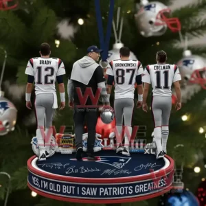 Alt text: A close-up view of a Patriots ornament with figures of Tom Brady, Rob Gronkowski, Julian Edelman, and Bill Belichick.