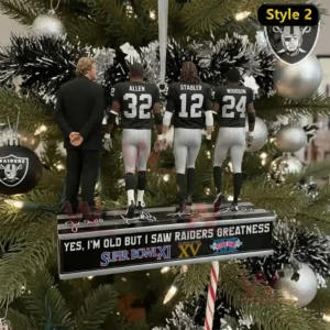 Yes Im Old But I Saw Raiders Greatness Super Bowl Ornament 3 A detailed view of a Raiders ornament on a Christmas tree showing four figures positioned on a decorated base surrounded by holiday ornaments!