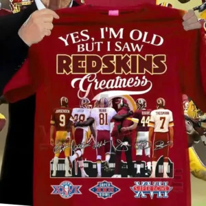 Red shirt being held up featuring text about past football greatness and several illustrated football players standing together!
