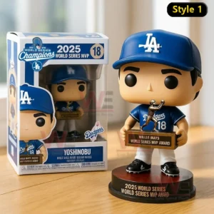 A stylized baseball player figure in blue holding a trophy beside its decorated display box!
