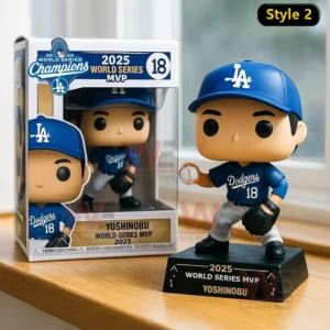 A stylized baseball player figure in blue posed with a ball beside its themed display box!