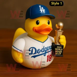 Rubber duck in Dodgers uniform holding 2025 World Series MVP trophy.