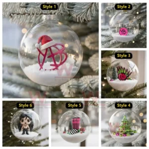 A collage of six Yungblud themed Christmas ornaments each containing a snowy miniature scene inside a clear globe!