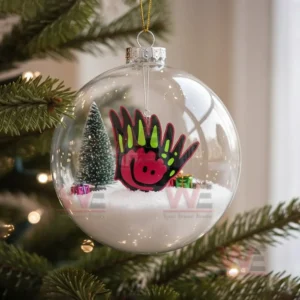 YUNGBLUD Christmas Ornament 2025 10 A clear ornament containing a colorful Yungblud graphic with a small tree and gifts on snow!