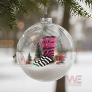 YUNGBLUD Christmas Ornament 2025 11 A clear ornament containing Yungblud themed striped socks with small trees and gifts on a snowy base!