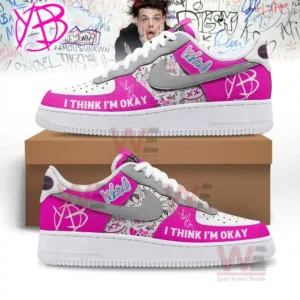 Pink and gray sneakers with artistic drawings and a phrase saying i think im okay displayed before a graphic backdrop.