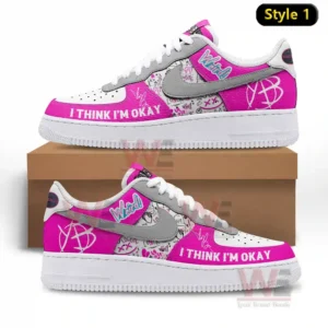 Yungblud I Think Im Okay Air Force 1 Shoes 8 Pink and gray sneakers with sketch style graphics and the phrase i think im okay above a box.