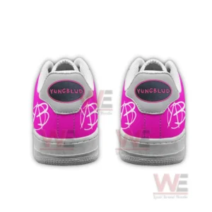 Yungblud I Think Im Okay Air Force 1 Shoes 9 Back view of pink and gray sneakers with labeled heel badges and large graphic initials.
