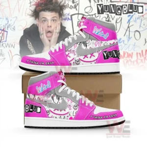 Pink and gray high top sneakers with doodle graphics and the text I THINK IM OKAY displayed above a box.