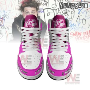 Front view of pink and gray high top sneakers with graphic tongue designs and bright overlays.