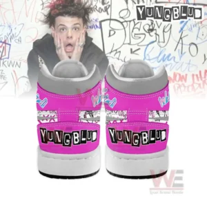 Back view of pink and gray high top sneakers with bold block letter branding.