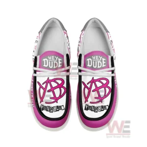 Yungblud I Think Im Okay Hey Dude Shoes 7 Top view of pink and gray shoes with graphic initials and doodle artwork.