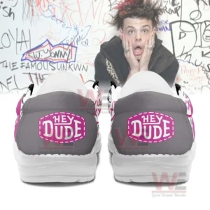 Yungblud I Think Im Okay Hey Dude Shoes 8 Back view of pink gray and white shoes with branded heel patches.