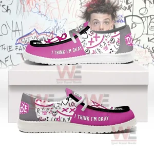 Yungblud I Think Im Okay Hey Dude Shoes 9 Pink and gray shoes with doodle graphics displayed on a white box.