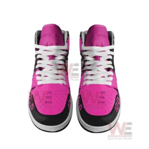 Yungblud Idols Air Jordan 1 High Shoes 4 Front view of pink and black high top sneakers with bright panels and white laces.