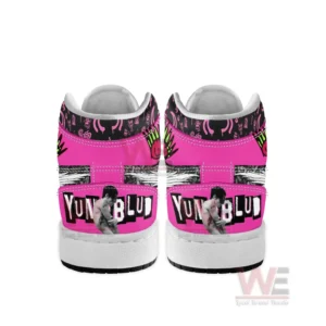 Yungblud Idols Air Jordan 1 High Shoes 5 Back view of pink and black high top sneakers with graphic branding and imagery.