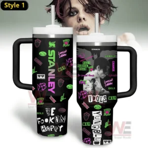 Alt text: A tumbler with Yungblud's "Idols" World Tour design, featuring vibrant graphics and images related to the artist.