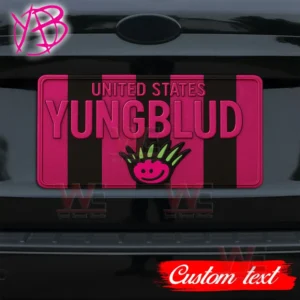 Alt text: A Yungblud custom license plate frame with a pink and black striped design and cartoonish figure.