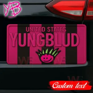YUNGBLUD License Plate Frame 3 Alt text: Close-up view of a Yungblud custom license plate frame with vibrant colors and cartoon design.