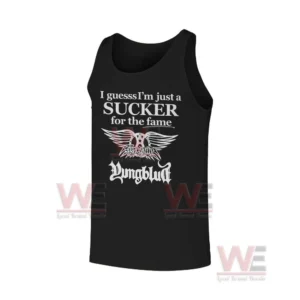 Black tank top with white text and winged emblem.