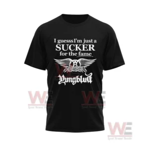 Black shirt with white text and winged emblem on front.