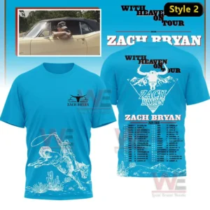 Zach Bryan 2026 With Heaven On Tour shirt featuring a cowboy, bull skull, and mountain design with the tour dates.
