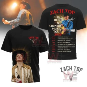 A black shirt with a country musician portrait on the front and a complete tour schedule with a performer image printed on the back!