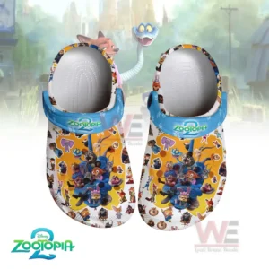 Side view of Zootopia 2 Crocs with a character-filled design.