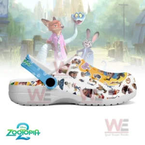 Detailed view of Zootopia 2 Crocs with character designs including Judy Hopps and Nick Wilde.