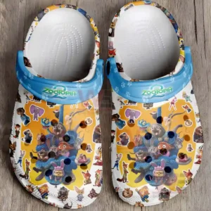 Zootopia 2 themed Crocs with colorful character illustrations.