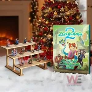 Alt text: A Zootopia 2 Advent Calendar displayed with collectible figurines under a Christmas tree.