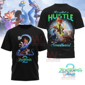 Black T shirt with animated characters blue snake number two graphic and fox rabbit duo on city background with bright stylized text!