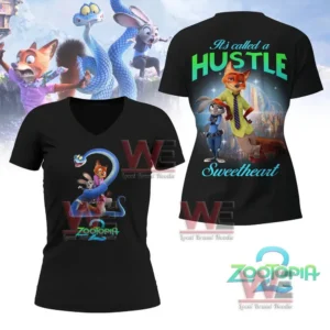 Zootopia Its Called a Hustle 3D Shirt 9 Black V neck shirt with Zootopia characters on the front and a hustle themed fox and rabbit scene on the back!