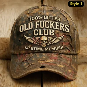 Distressed vintage baseball cap with patriotic textures bold Old Fuckers Club text and a winged skull emblem symbolizing lifelong membership and rugged personality!