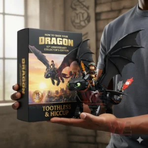 A black dragon building block model with a rider figure and large wings placed next to a premium anniversary themed display box!