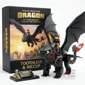 How to Train Your Dragon 15th Anniversary Toothless & Hiccup Building Block Set 3 A fully assembled dragon building block figure with rider and wide wings displayed next to a themed collectors box on a white background!