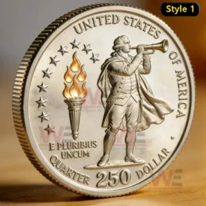 Front view of a silver toned commemorative United States coin featuring a colonial era figure with a trumpet a flaming torch surrounding stars and anniversary inscriptions.