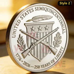 1776–2026 America 250th Anniversary Commemorative Washington Coin 3 Back view of a silver toned commemorative United States coin with crossed rifles a shield three stars decorative leaves and text celebrating two hundred fifty years of liberty.