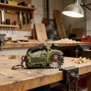 Mini green saw keychain lying on a wooden workbench in a workshop!
