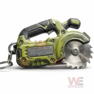 Green mini saw keychain shown in close up on a white background!