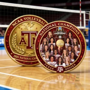 Two Texas A and M NCAA women volleyball national champions coins on a volleyball court with a net in the background.