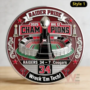 A coin style illustration showing a stadium trophy and Texas Tech championship details!