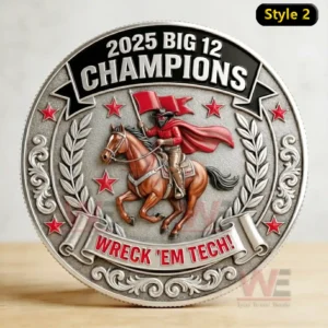 2025 Big 12 Championships Commemorative Edition Coin 3 A coin illustration of a rider on horseback with championship themed decorative elements!