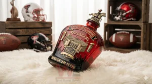 A red championship themed bottle lying on a furry surface with football gear in the background!