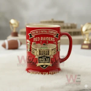 Red championship commemorative mug with stadium design and team celebration artwork!